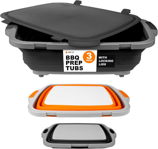 Drip EZ Collapsible BBQ Prep Tubs 3-Piece Set- For Meal Prep Marinating Food Storage - Includes Cutting Board & Lid - (1) JR - Black + (1) OG - Orange + (1) XL - Black