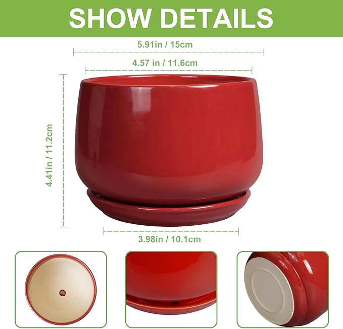 G EPGardening Ceramic Pot for Plants - 6 Inch Plant Pot with Drainage and Ceramic Tray, Modern Living Room Decor, Planter for Housewarming Gifts New Home, Red