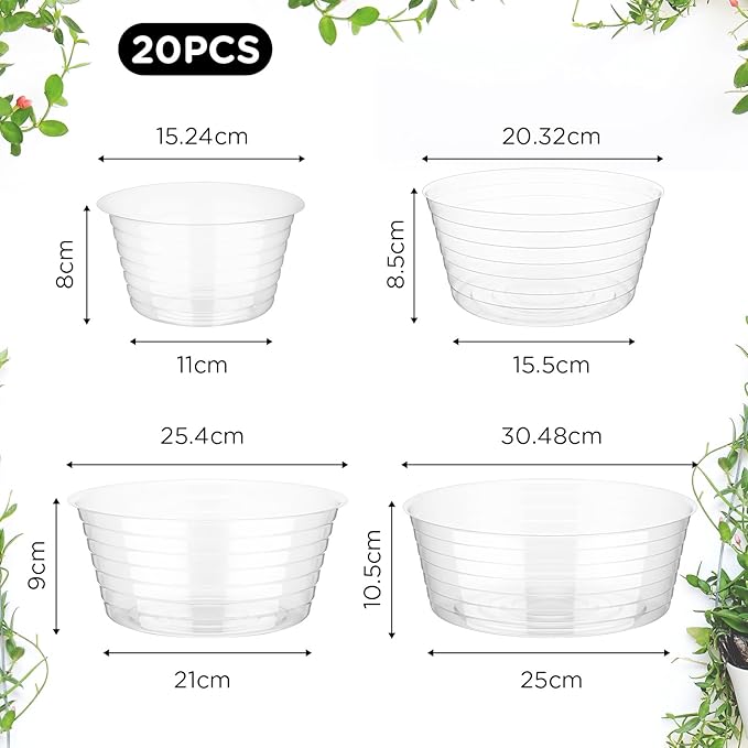 Hoolerry Plastic Plant Saucer Clear Deep Drip Tray Thickened Clear Plant Saucers Trays for Pots Deep Drip Trays for Home Garden Indoor and Outdoor Potted(20 Pcs,6, 8, 10, 12 Inch)