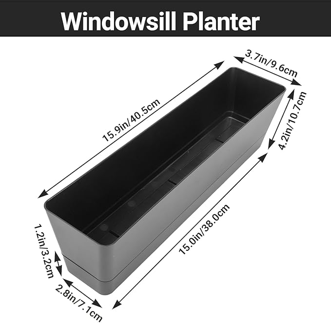 GREANER Herb Window Boxes 1PCS 16x3.8 Inch, Black Planter with Removable Trays and Drainage Holes, Succulent Flower Rectangular Plastic Pot for Balcony, Office, Windowsill, Garden, Indoor Outdoor Use
