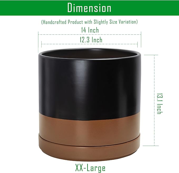 D'vine Dev 14 Inch Ceramic Planter Pot with Drainage Hole and Saucer, Indoor Cylinder Round Planter Pot, Black/Speckled Tan, 94-O-G-7