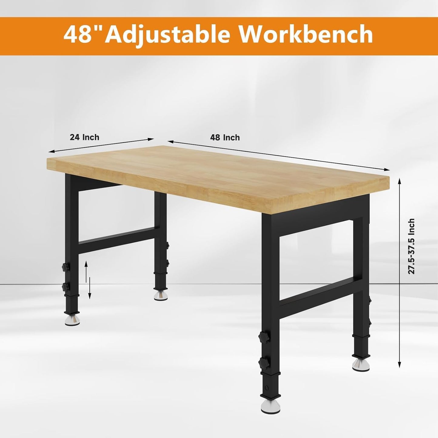 48" Work Bench, Adjustable Height Workbench, Heavy-Duty Thicker Work Table, 2000 LBS Load Capacity Workstation for Garage, Workshop, Office, Home