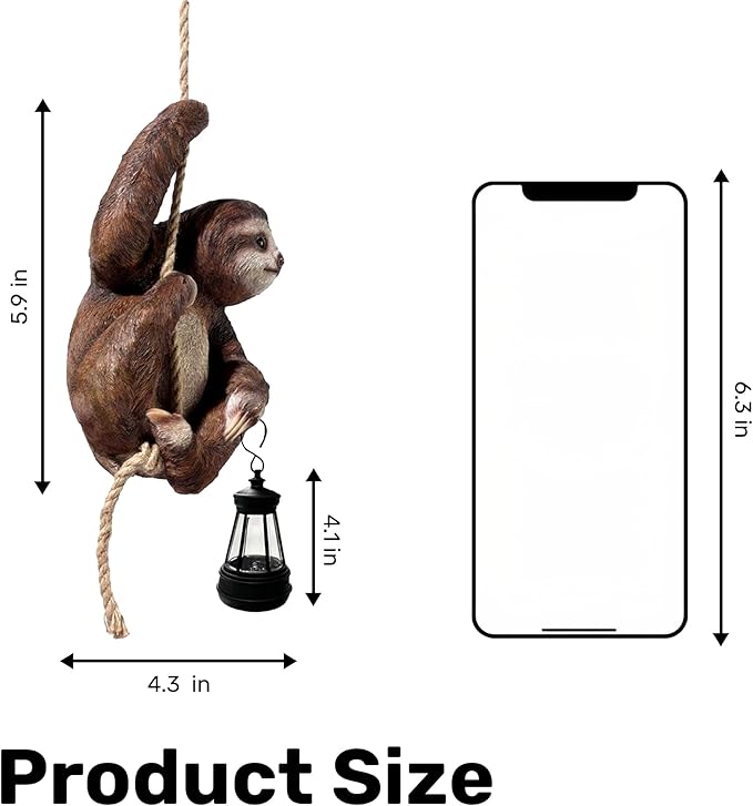 6x4 Inch Adorable Sloth Hanging Statue, Indoor/Outdoor Decorative Sculpture, Solar Lights Outdoor Waterproof, Garden Decorations Outdoor, Relaxed Sloth Ornament for Home, Patio, or Yard