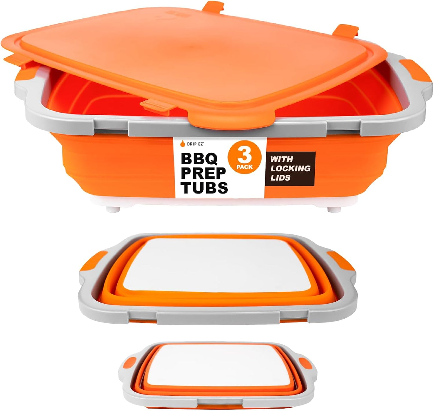 Drip EZ Collapsible BBQ Prep Tubs 3-Piece Set- For Meal Prep Marinating Food Storage - Includes Cutting Board & Lid - (1) JR + (1) OG + (1) XL - Orange