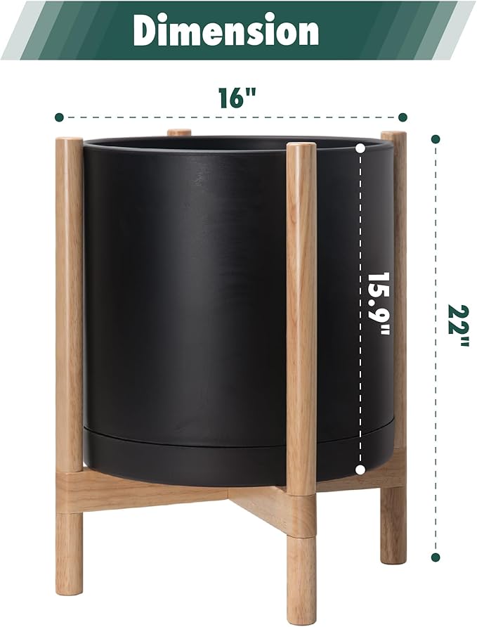 D'vine Dev Planter Pot with Stand - 16 Inch Plastic Cylinder Flower Pot with Wood Planter Holder for Indoor, Matte Black Pot + Natural Stand, 55-C-Y-2