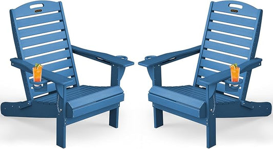 Adirondack Chairs Set of 2, Outdoor Fire Pit Chairs, HDPE All-Weather Adirondack Chairs with Cup Holder, Lawn Chair for Deck, Patio, Garden (NavyBlue)