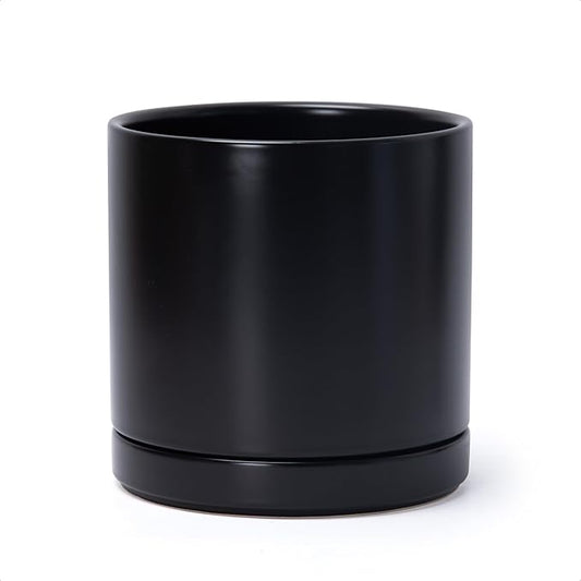 D'vine Dev 8 Inch Ceramic Planter Pot with Drainage Hole and Saucer, Indoor Cylinder Round Planter Pot, Black, 94-O-D-2