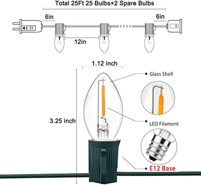 25FT C7 LED Christmas Lights Outdoor, C7 Warm White Christmas String Light with 27 LED Bulb, Hanging Vintage Christmas Lights UL Listed for Patio Backyard Party Tree Roofline House Xmas Decorations
