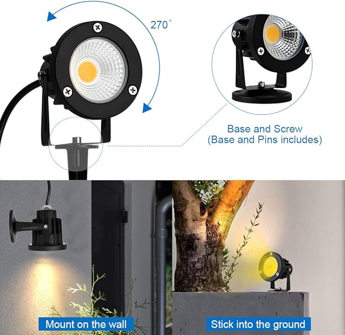 12W LED Landscape Spotlight,120V Landscape Lighting Outdoor for Mounted Flag Pole Light,IP65 Landscape Lights Warm White Garden Decorative Lamp 6FT Cord with US 3 Prong (Base,Stake Included)