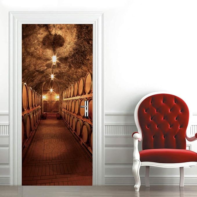 3D Door Stickers Murals Peel and Stick - Wine Cellar Wallpaper Self-Adhesive Decals - Removable PVC Waterproof Poster for Bedroom Living Room 33.9" x 78.7"