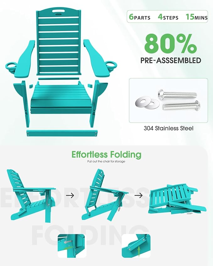 Adirondack Chairs Set of 4, Outdoor Fire Pit Chairs, HDPE All-Weather Adirondack Chairs with Cup Holder, Lawn Chair for Deck, Patio, Garden (Lakeblue)