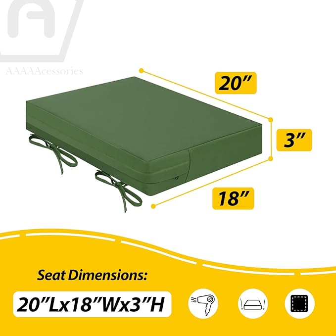 AAAAAcessories Outdoor Seat Cushions for Chairs, Waterproof, Fade-Resistant Patio Furniture Replacement Cushions, 20" x 18" x 3", Set of 2, Dark Moss Green