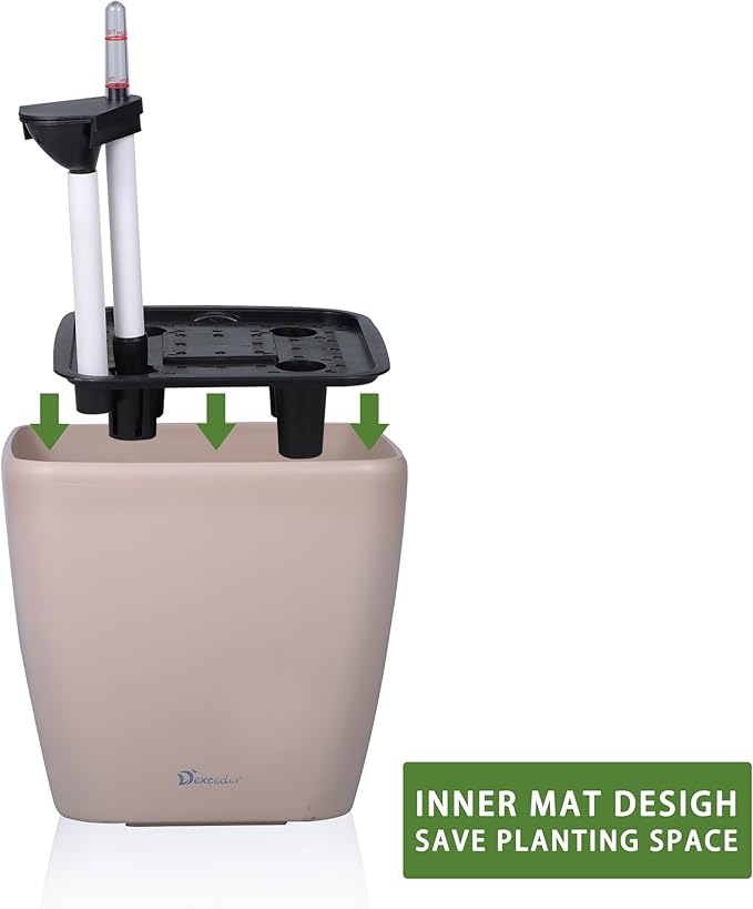 Dexceder 11x10 Self Watering Planter Indoor Outdoor, Inner Mat Design, Thickened Table Flower Plant Pot with Water Level Indicator (Taupe Matte)