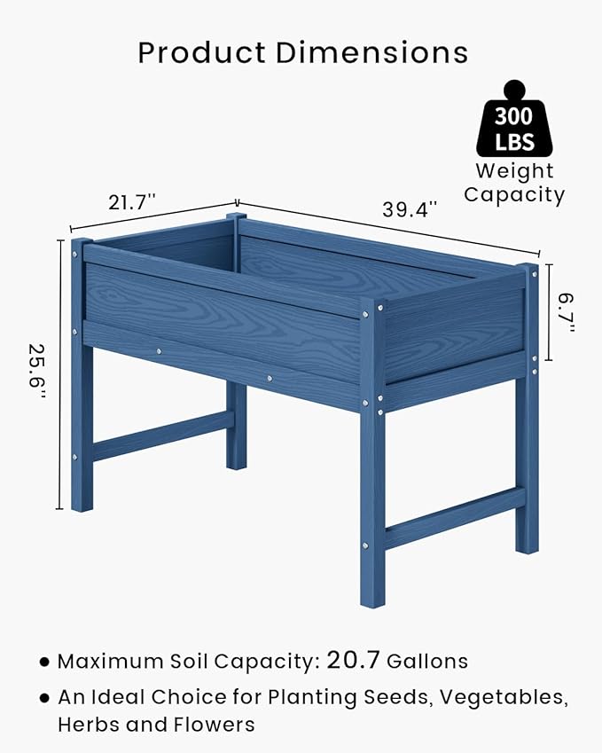 HDPE Raised Garden Bed with Legs, Outdoor Weather-Resistant Elevated Planter Box Stand for Seeds, Herbs, Flowers, Vegetables (Navy Blue)