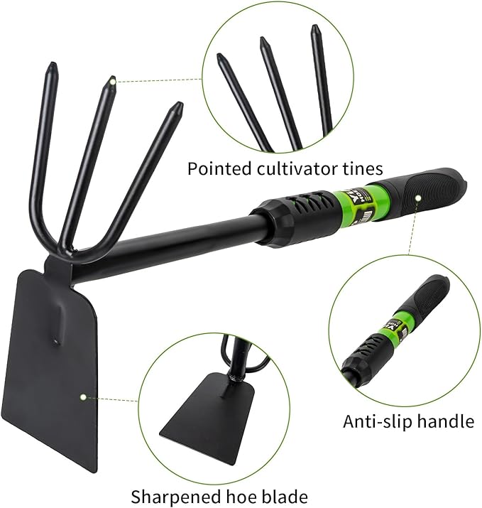 Hoe Garden Tool Set, 3 Piece Handheld Gardening Tools includs Garden Hoe and Cultivator Combo, Mini Hand Rake and Garden Trowel Outdoor Heavy Duty Garden Tools for Weeding or Digging