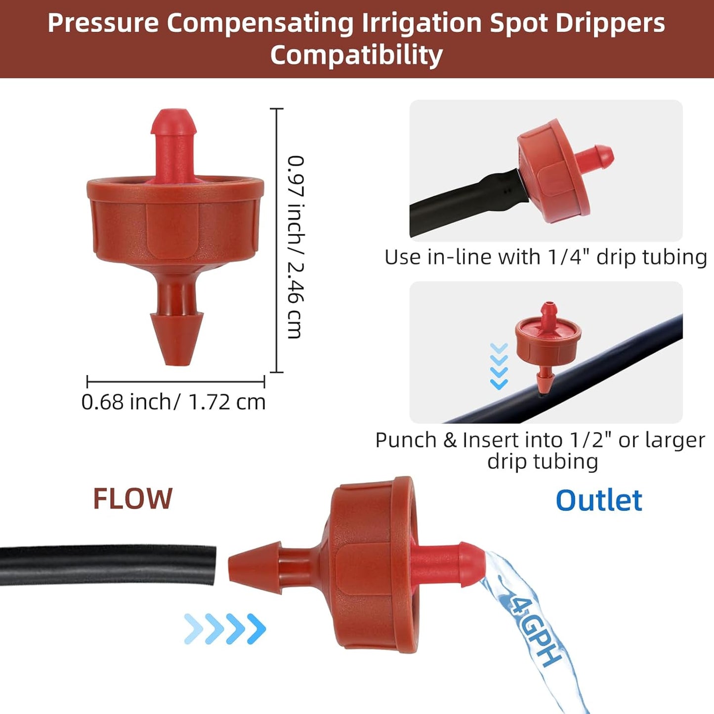 60PCS 4 GPH Pressure Compensating Drip Irrigation Spot Watering Drippers/Emitters, Self-Cleaning Constant Flow Drip Irrigation Emitters Heads Irrigation Drippers Parts for Drip Irrigation System
