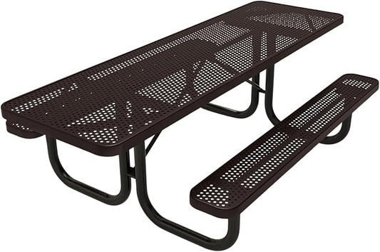 Heavy-Duty Portable ADA-Compliant Outdoor Picnic Table, Punched Steel Patio Dining Furniture Made in America (8ft Rectangular, Both-Side Handicap, Brown)