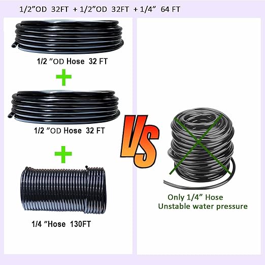 Drip Irrigation System Drip Irrigation Kit 64ft 5/16“ID Inche 64FT 1/4 Inch OD Pipe Kits Solutions for Large Gardens with Low Water Pressure Away from The Water Source