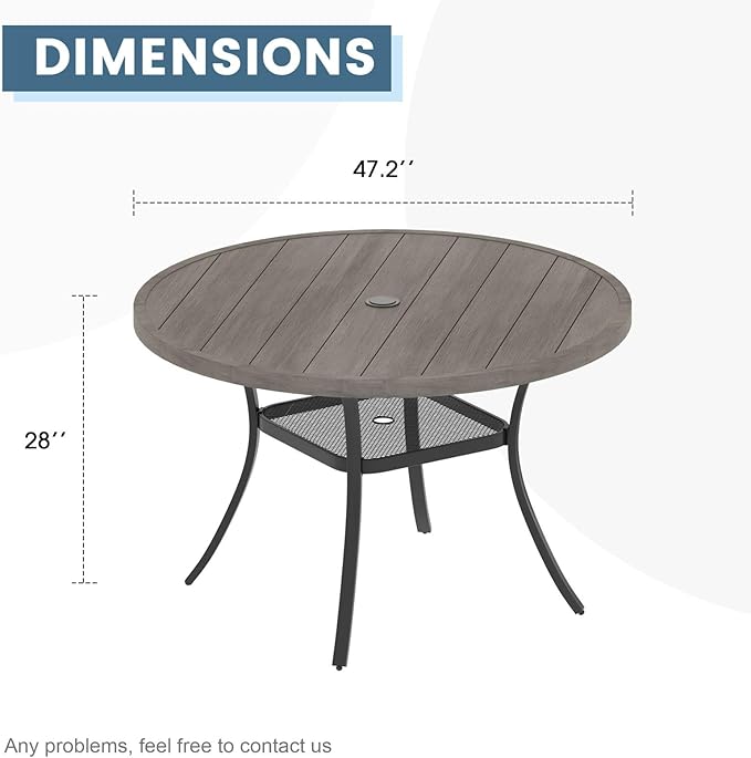DIFY 48" Round Patio Dining Table for 6, Outdoor Metal Dining Table with 1.57" Umbrella Hole for Backyard Lawn Garden, Grey Wood-Like