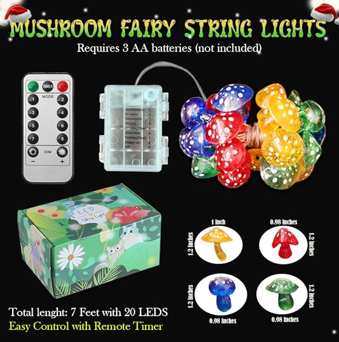 Fairy String Lights 3D Mushroom Lamp-Outdoor Waterproof Battery Operated String Lights 7ft 20 LED-Mushroom Fairy Night Lights for Garden Wreath Balcony Living Room Decor