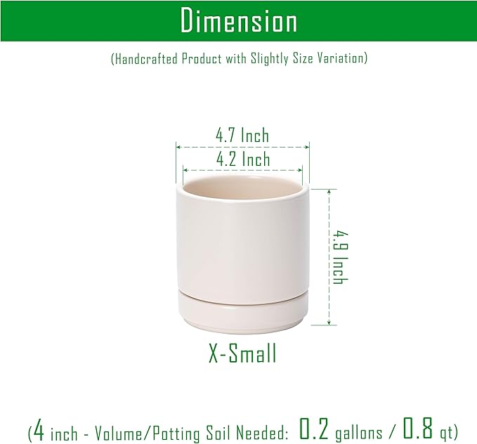 D'vine Dev Set of 4 Small Ceramic Plant Pots, 4.6 Inch Succulent Planter Pot for Plants with Drainage Hole and Saucer, Oatmeal, 94-X-B-8