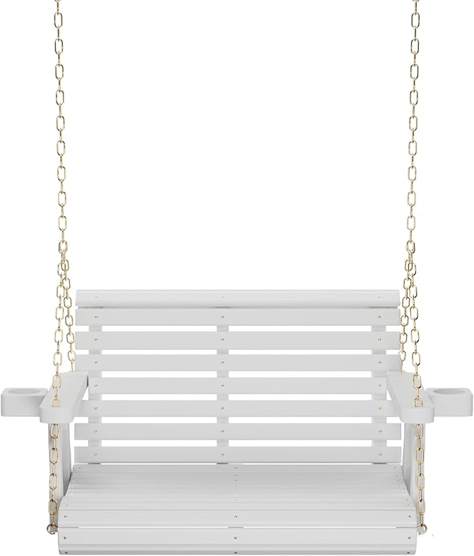 Amish Casual 3 Foot Roll Back Porch Swing with Cup Holders in Semi-Solid White Stain - Amish Made in The USA from Treated Pine Heavy Duty 700 Lb. Weight Capacity