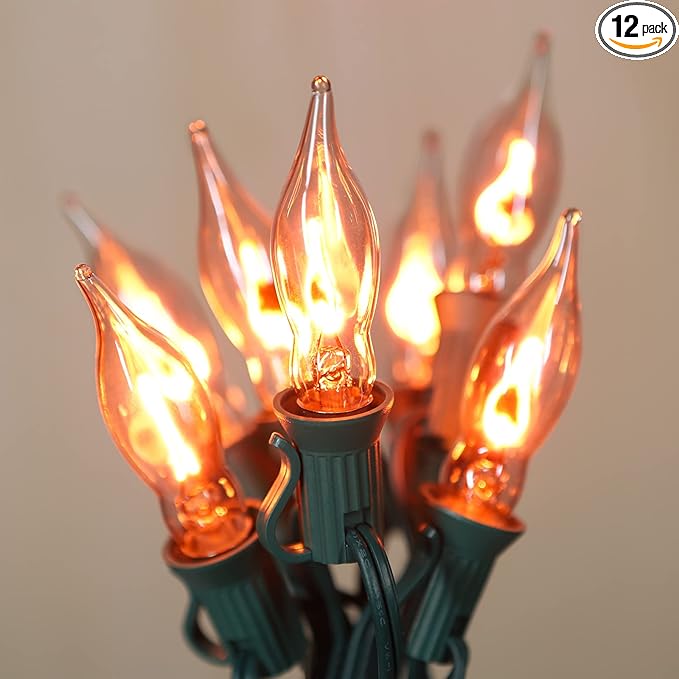 12.8Ft C7 Christmas Lights Flickering Flame String Lights with 12 Pack Clear Flame E12 Light Bulbs(2 Spare), Great for Christmas Decorations Indoor Outdoor Home Patio Party Lights, Green Wire