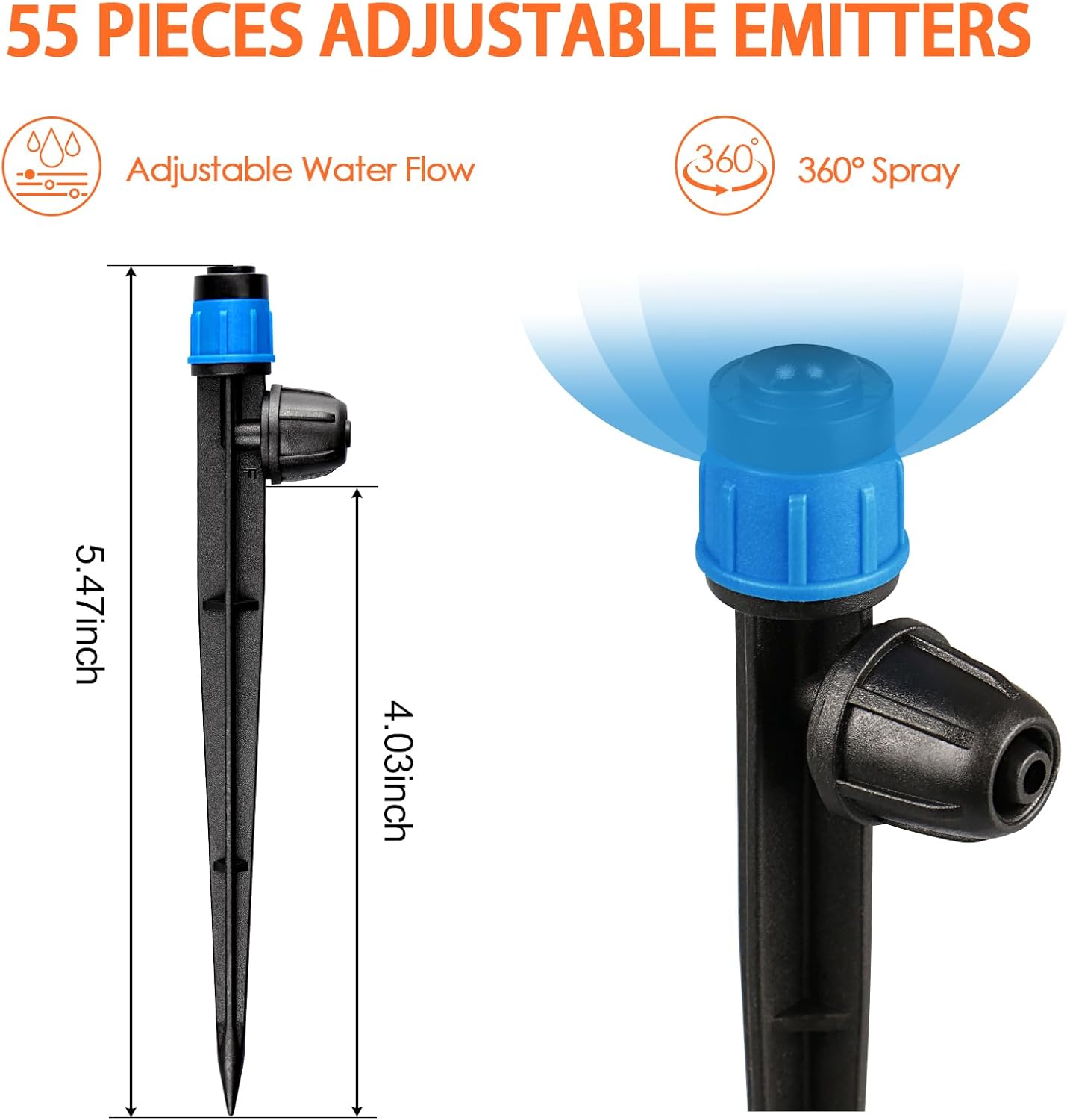 55 Pieces Drip Emitters Fan Shape with Stake for 1/4" Irrigation Tubing: Adjustable 360 Degree Water Flow Irrigation Universal Vortex Sprayer On 5" Stake Drip Pipe Sprinklers Fittings