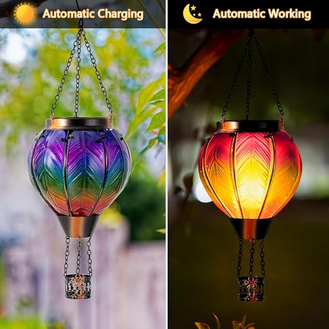 DREAMSOUL Hot Air Balloon Solar Lantern, Glass Outdoor Lantern Hanging Solar Lanterns Outdoor Waterproof for Patio Porch Garden Decor