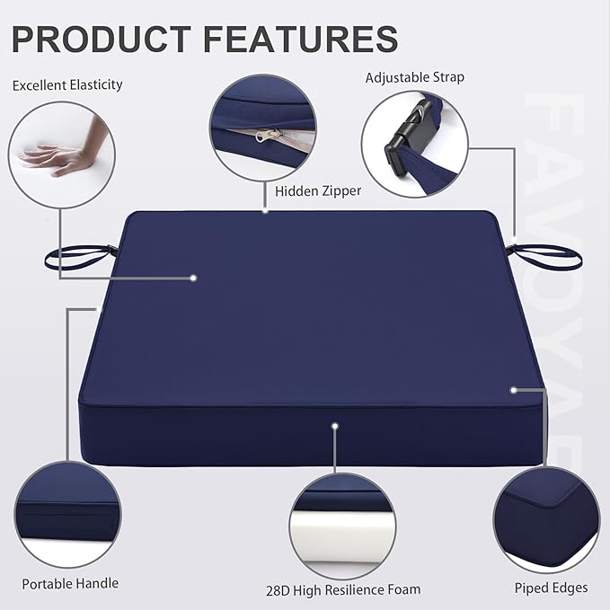 Favoyard Patio Chair Cushions 18.5 x 16 x 3 Inch Waterproof Outdoor Seat Cushions for Patio Furniture 3-Year Color Fastness Garden Sofa Couch Pads with Handle & Adjustable Straps Set of 2, Blue