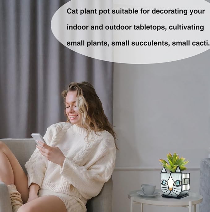 Gray Cat Glass Planter, Cat Plant Pots Indoor, Unique Small Gray Cat Planter, Glass Gap Automatic Drainage System and Base Saucer, Window Sill Cat Decoration Gift,4.6x5.15x2.3IN (Gray)