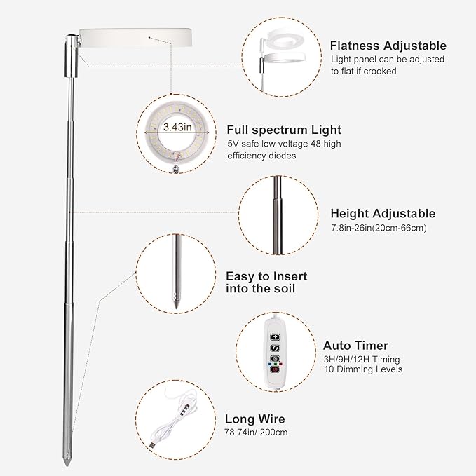 Grow Lights for Indoor Plants Small Potted - Full Spectrum, Auto 3/9/12H Timer, 10-Level Dimming & Adjustable Height - Compact Grow Light for Succulents, Herbs, Foliage in Home/Office (White,2PACKS)