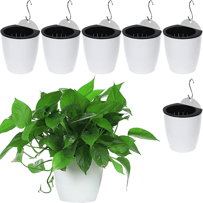 6 Packs 5" Plastic Self Watering Pots Wall Hanging Planters Wall Mounted Wicking Flower Pots for Indoor and Outdoor African Violet, Ocean Spider Plant, Orchid, White