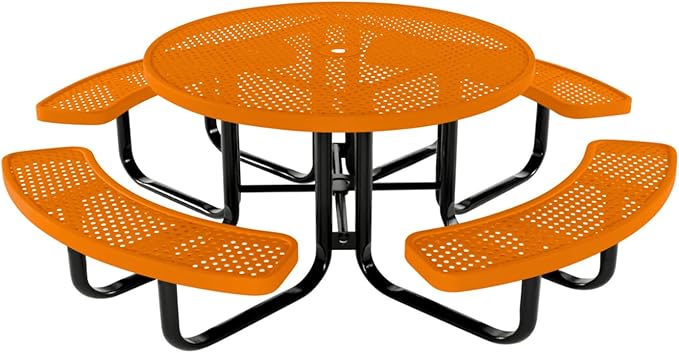 Heavy-Duty Portable Outdoor Kids Table with Umbrella Hole, Punched Steel Kids Picnic Table, Commercial-Grade, Made in America (46 in, Round, Childrens, Textured Orange)
