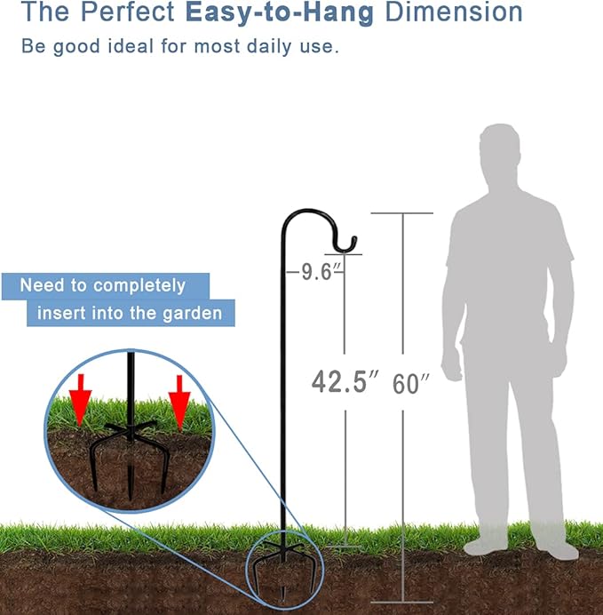 60 inch Outdoor Shepherd Hook with 5 Prong Base (2 Packs), Adjustable Heavy Duty Garden Hanging Stake for Bird Feeder Solar Light Plant Hanger Wedding Decor, Matte Black