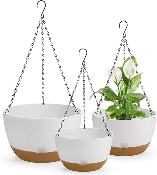 12/10/8 Inch Hanging Planter, Hanging Plastic Plant Self Watering Pot with Drainage Holes and Saucers, Hanging Baskets Flower Pots for Indoor Outdoor Garden Plants and Flowers,Set of 3-White
