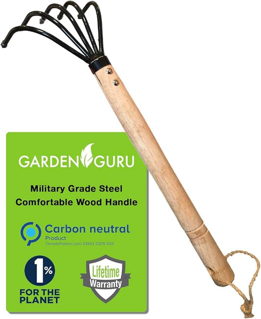 Garden Guru Hand Rake Cultivator Claw Soil Tiller - Military Grade Steel - Rust Resistant - 5 Tine Japanese Ninja Claw - Comfortable Wood Handle - Perfect Pulverized and Aerated Soil