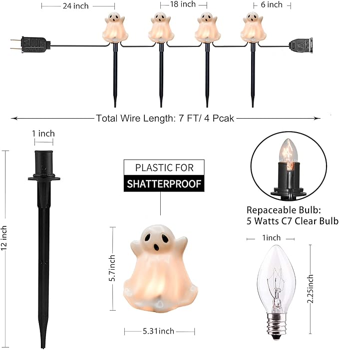 Goothy Halloween Ghosts Pathway Marker Lights, 4 White Ghosts with 4 Stakes, 7Ft Extendable Pathway String Lights, Waterproof for Halloween Lawn Walkway Driveway Markers