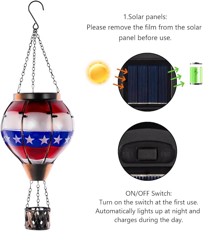 DREAMSOUL Flag Hot Air Balloon Solar Lantern, Glass Solar Lantern with Flickering Flame, Hanging Waterproof Solar Lanterns Outdoor Flag Day for Patio Decor, Fourth of July Decorations Christmas Gifts
