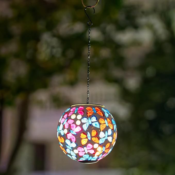 Hanging Solar Lanterns Outdoor Waterproof, Decorative Mosaic Butterfly Solar Lantern, Gazing Ball Globe Hanging Lantern for Patio Garden Yard Home Decor