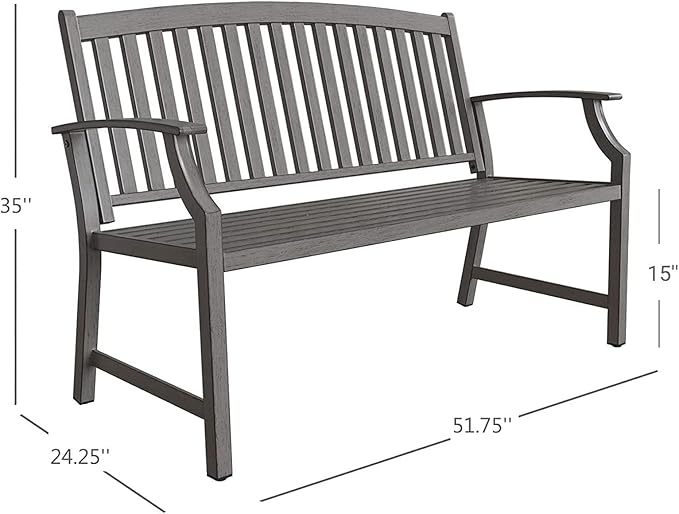 Grand patio 52" Farmhouse Outdoor Bench, Garden Benches with Rust Free Metal Powder Coated Frame and Aluminum Backrest, Faux Wood Grain Finish Frame Patio Bench for Front Porch, Weathered Grey