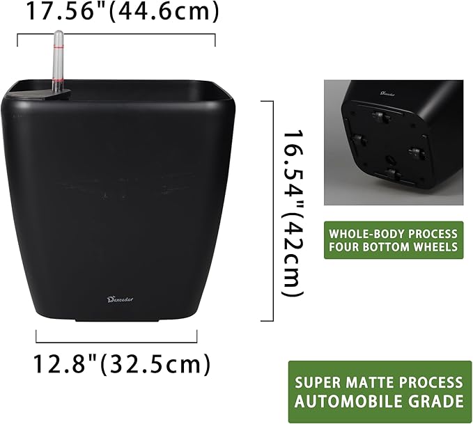 Dexceder 18x17 Self Watering Planter with Wheels Indoor Outdoor, Inner Mat Design, Thickened Large Floor Standing Flower Plant Pot with Water Level Indicator (Black Matte)
