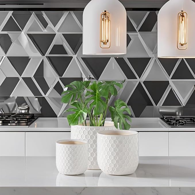 Docrin Ceramic Plant Pots Indoor: 6.5+5.3+4 Inch Planters with Drainage Holes for Home/Office - Set of 3 / White Honeycomb