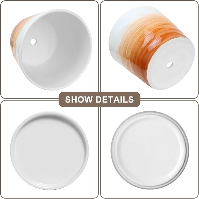 6.7 + 5.5 Inch Plant Pot, Ceramic Planter with Drainage and Saucer，Ceramic Pots for Plants, Indoor Plant pots，planters for Indoor Plants(Khaki + White)