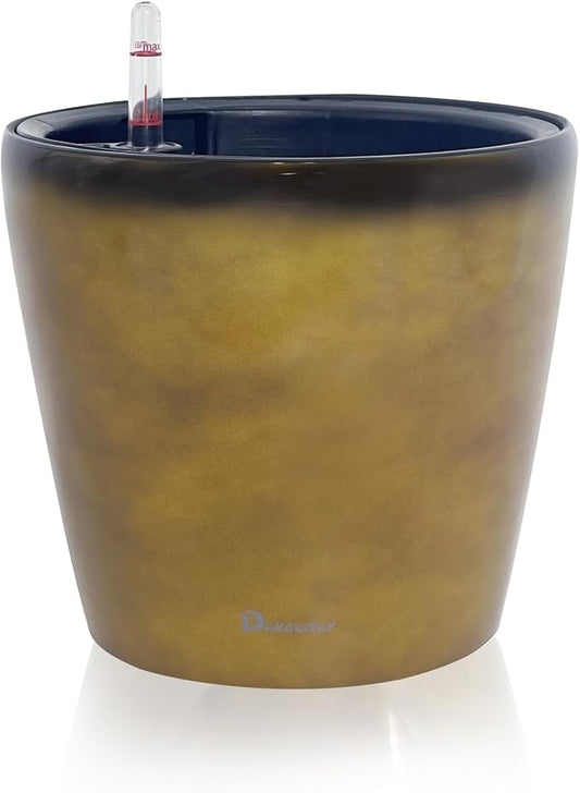 Dexceder 9x8 Inches Self Watering Planter Indoor Outdoor, Inner Pot Design, Thickened Table Flower Plant Pot with Water Level Indicator (Yellow Brown Gradient)