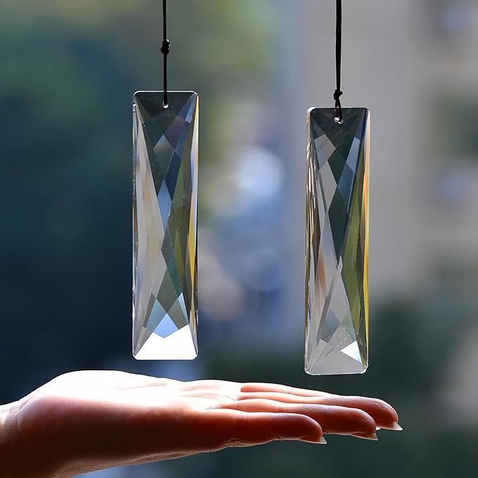 2PCS 5" Large Crystal Sun Catcher Prisms, STINO Hanging Suncatchers with Glass Prism, Rainbow Maker for Windows, Balcony, Kitchen, Garden Decoration (1, Net Rectangle Clear 2Pcs)
