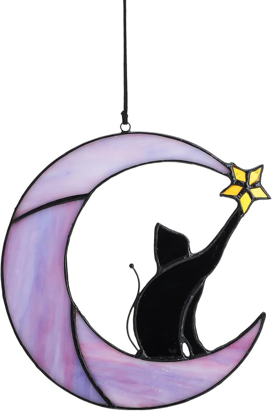 HDCRYSTALGIFTS 6.5'' Black Cat Decor on Purple Moon Stained Glass Window Hanging Suncatcher,Wall Art Glass Window Panel Sun Catcher,Halloween Ornament Decoration Memorial Gift for Lover Cat Loss