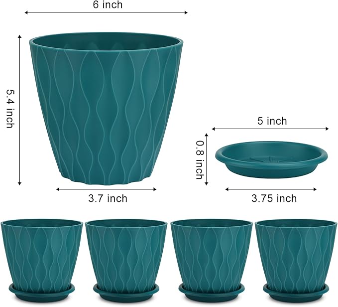 6 inch Plant Pots, 5 Pack Flower Pots Outdoor Indoor, Planters with Drainage Hole and Tray Saucer.