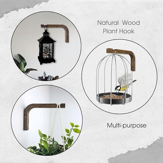 2-Piece Set of Plant Hooks for Wall 6 Inch - Mounted Wooden Plant Hook - Indoor and Outdoor Bracket Plant Hanger for Planters, Lanterns, Bird Feeders, Patio Decorations (Walnut)