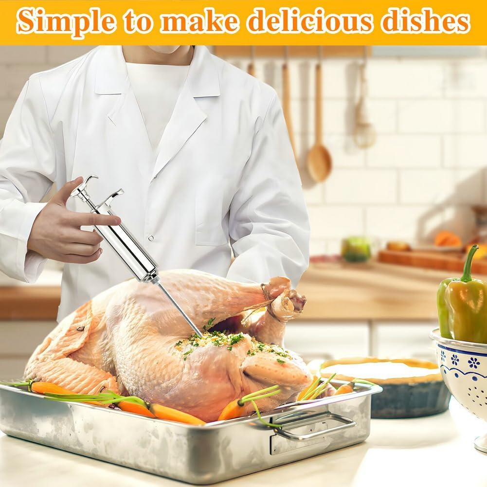 304-Stainless Steel Meat Injector Syringe Kit with 3 Marinade Needles for BBQ Grill Smoker, Turkey, Brisket, Beef, Fish, 2-oz Large Capacity, Silicone Brush and Cleaning Brush
